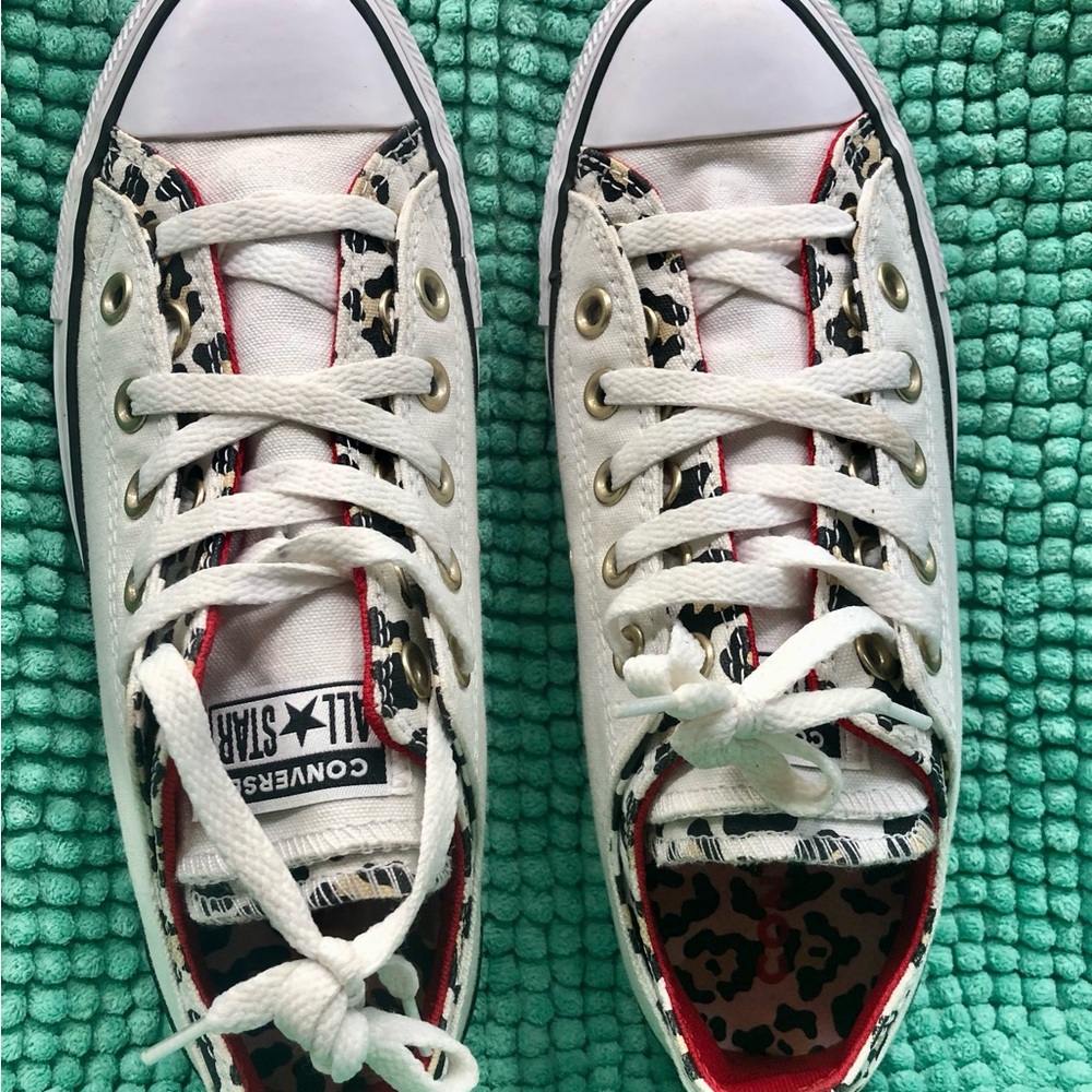 Converse Women’s White Low-Top Sneakers with Leopard Accents Like New. So Cute!